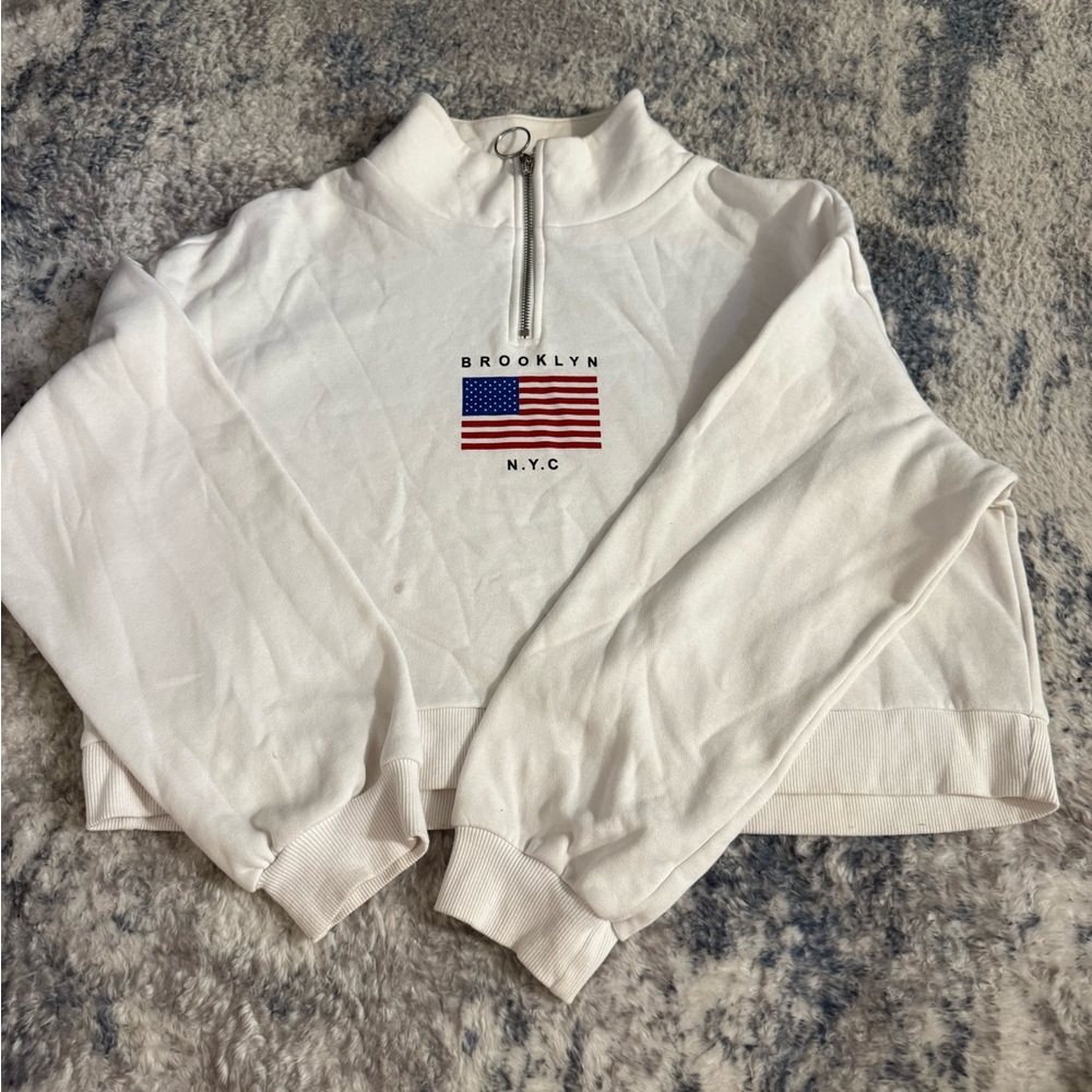 Divided White Cowl Neck Sweater with Flag Design